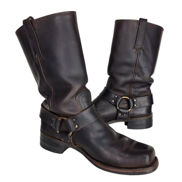 Vintage 80s FRYE Leather Harness Square Toe Moto Cowboy Boot Men's Size 10 Brown - Picture 6 of 16